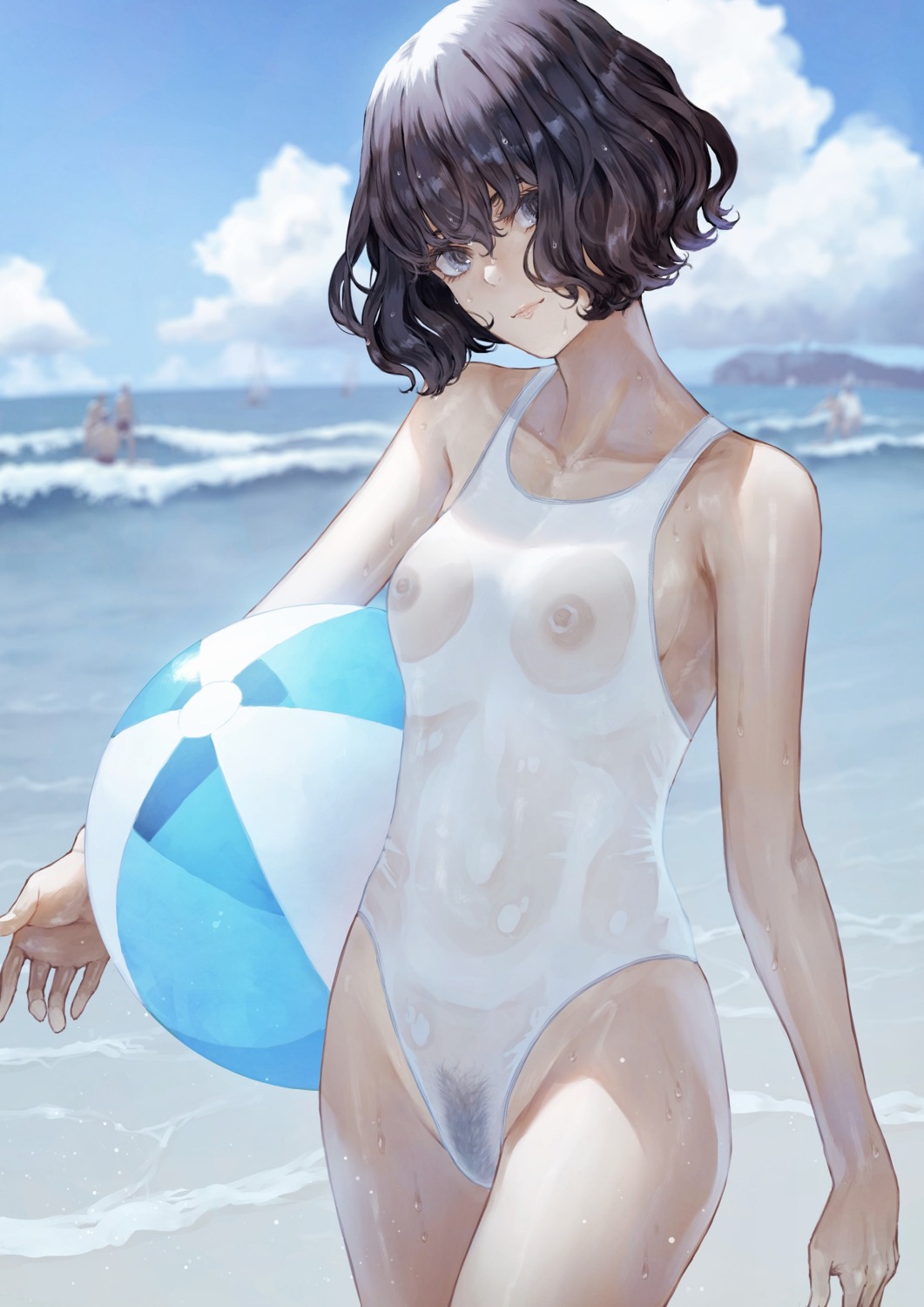 kaoming nanjou_ao nipples pubic_hair see_through swimsuits wet_clothes