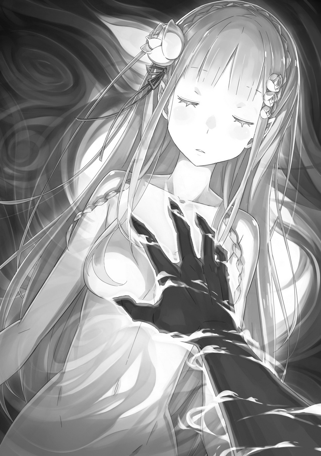 elf emilia_(re_zero) monochrome naked ootsuka_shinichirou pointy_ears re_zero_kara_hajimeru_isekai_seikatsu