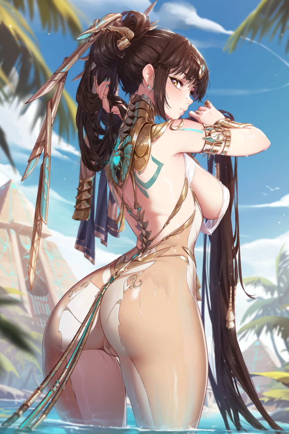 ass bodysuit eve_(stellar_blade) mitsu_(mitsu_art) no_bra nopan stellar_blade tail tattoo wet