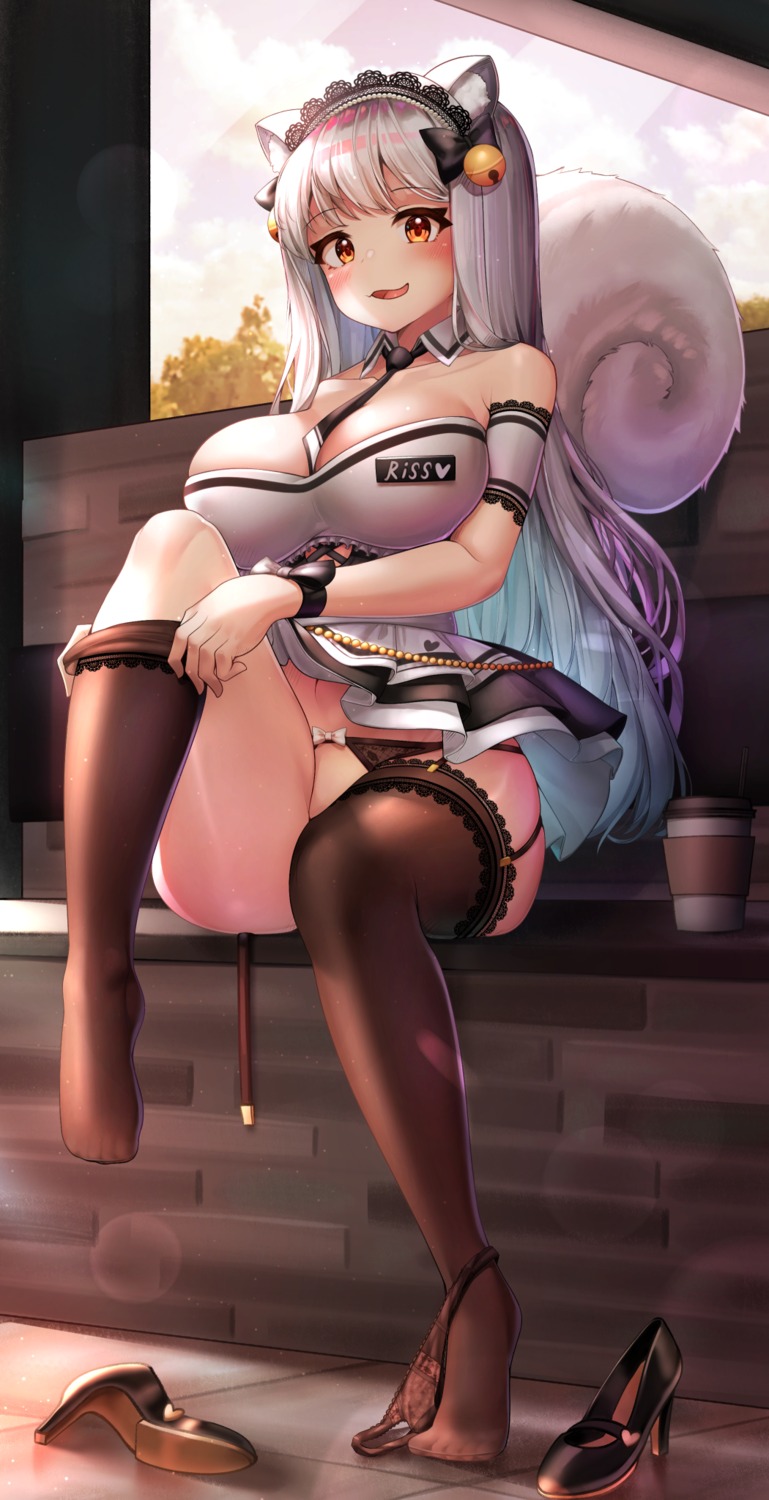 animal_ears deaver garter_belt heels no_bra nopan pantsu panty_pull stockings tail thighhighs undressing