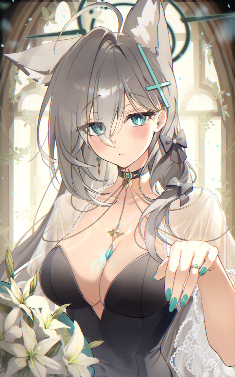 animal_ears blue_archive dress halo miltea nekomimi no_bra shiroko_terror sunaookami_shiroko