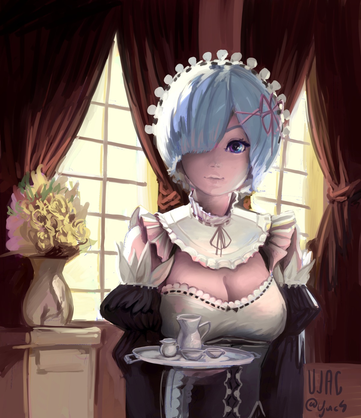 cleavage maid re_zero_kara_hajimeru_isekai_seikatsu rem_(re_zero) ujac