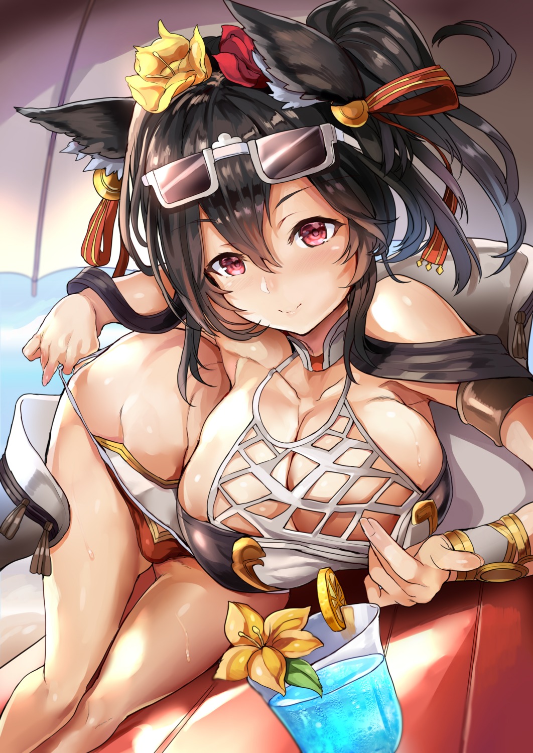 animal_ears cleavage granblue_fantasy himuro ilsa_(granblue_fantasy) megane panty_pull swimsuits undressing