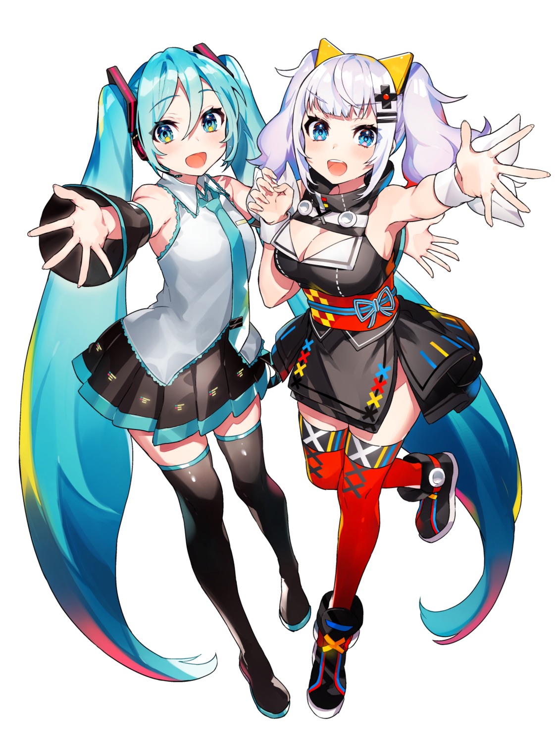 cleavage crossover hatsune_miku headphones japanese_clothes kaguya_luna mika_pikazo the_moon_studio thighhighs vocaloid