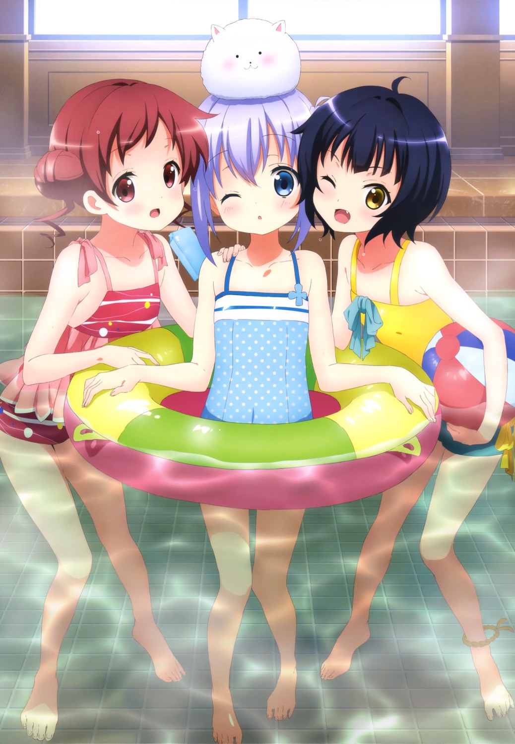 gochuumon_wa_usagi_desu_ka? jouga_maya kafuu_chino natsu_megumi rio_(artist) swimsuits tippy_(gochiusa) wet