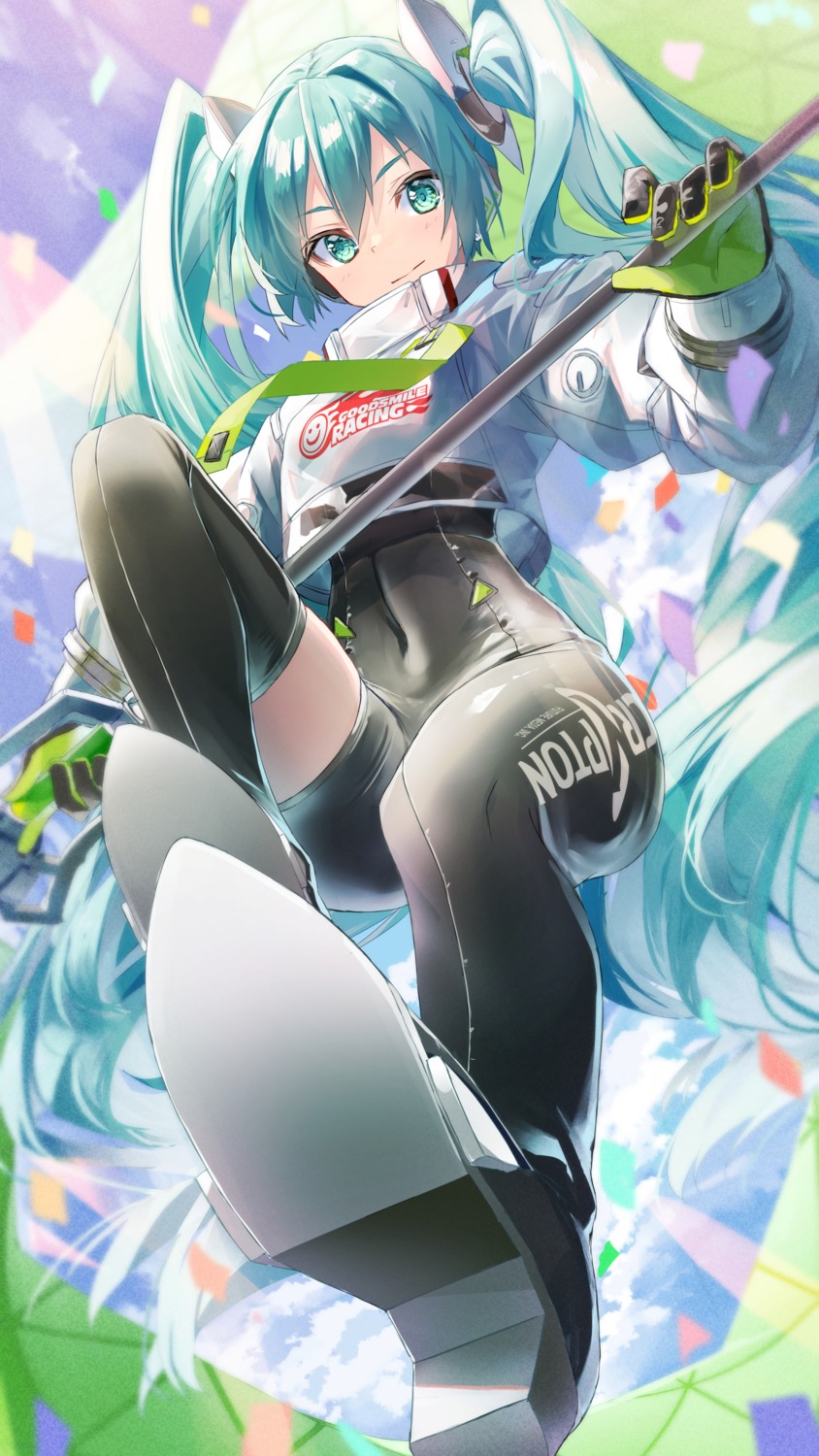 bodysuit daidou_(demitasse) goodsmile_racing hatsune_miku headphones heels racing_miku thighhighs vocaloid