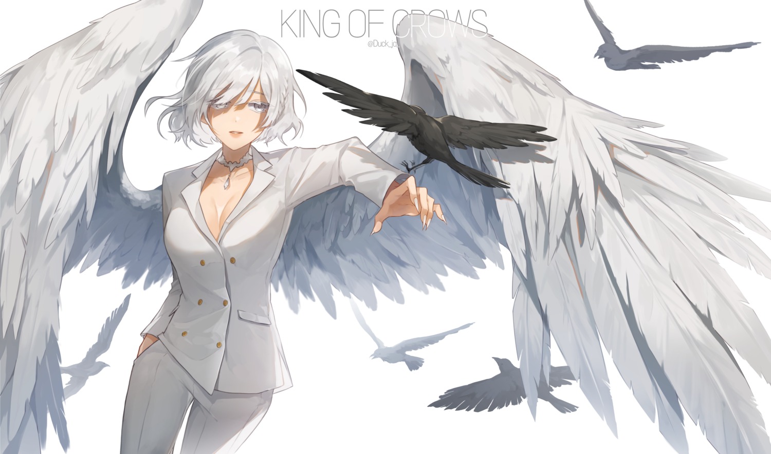 8p angel business_suit cleavage no_bra wings