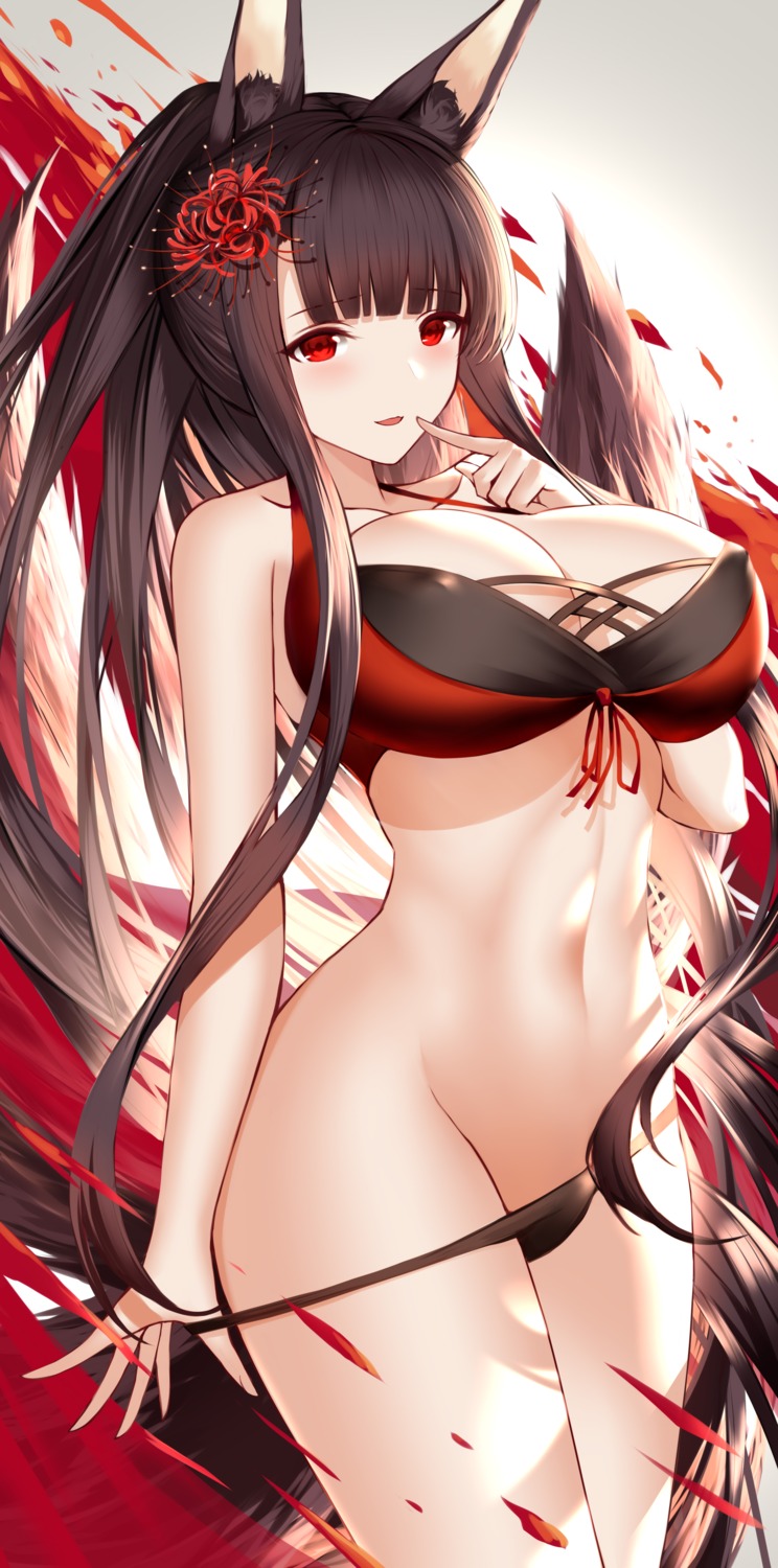 akagi_(azur_lane) an_yasuri animal_ears azur_lane bikini cleavage kitsune panty_pull swimsuits undressing