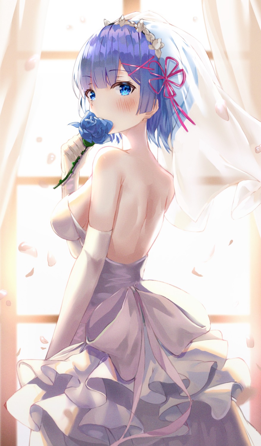 dress lotpi no_bra re_zero_kara_hajimeru_isekai_seikatsu rem_(re_zero) wedding_dress