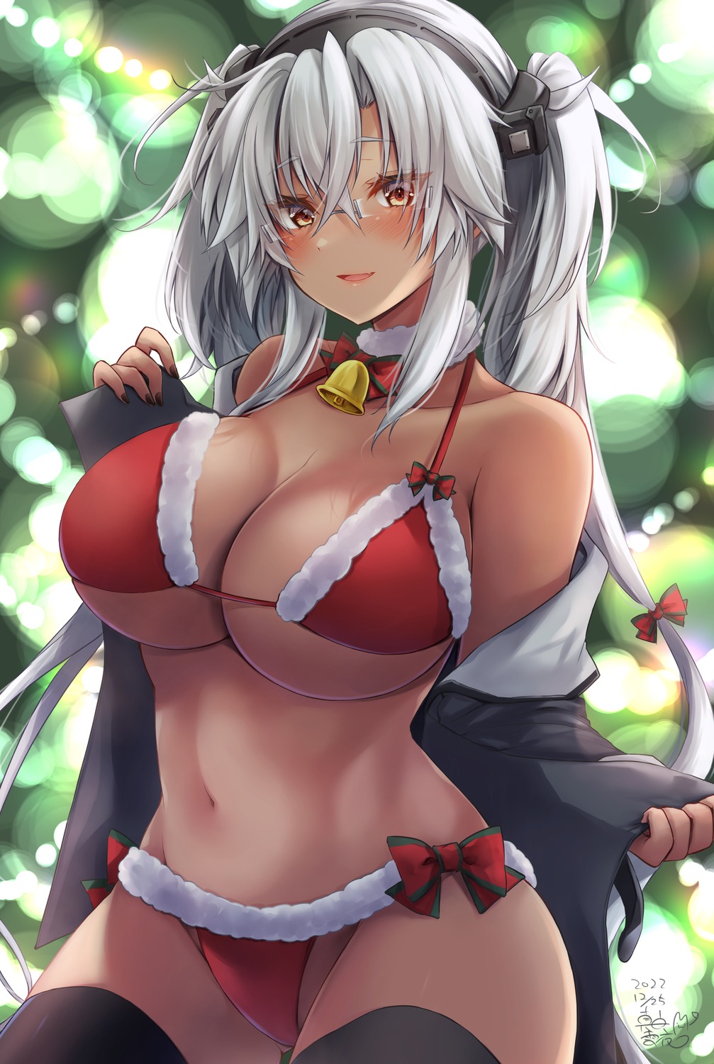 bikini christmas kantai_collection mashiro_yukiya megane musashi_(kancolle) open_shirt swimsuits thighhighs thong undressing