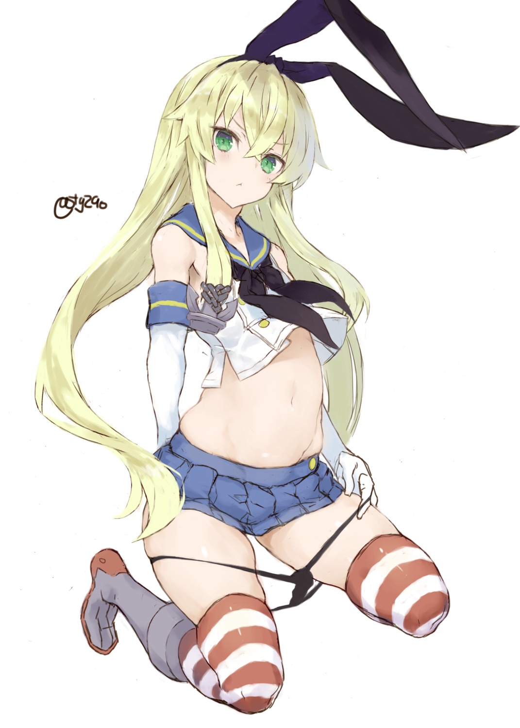 animal_ears bunny_ears kantai_collection pantsu panty_pull ryo_(tg290) seifuku shimakaze_(kancolle) shirt_lift skirt_lift thighhighs thong undressing