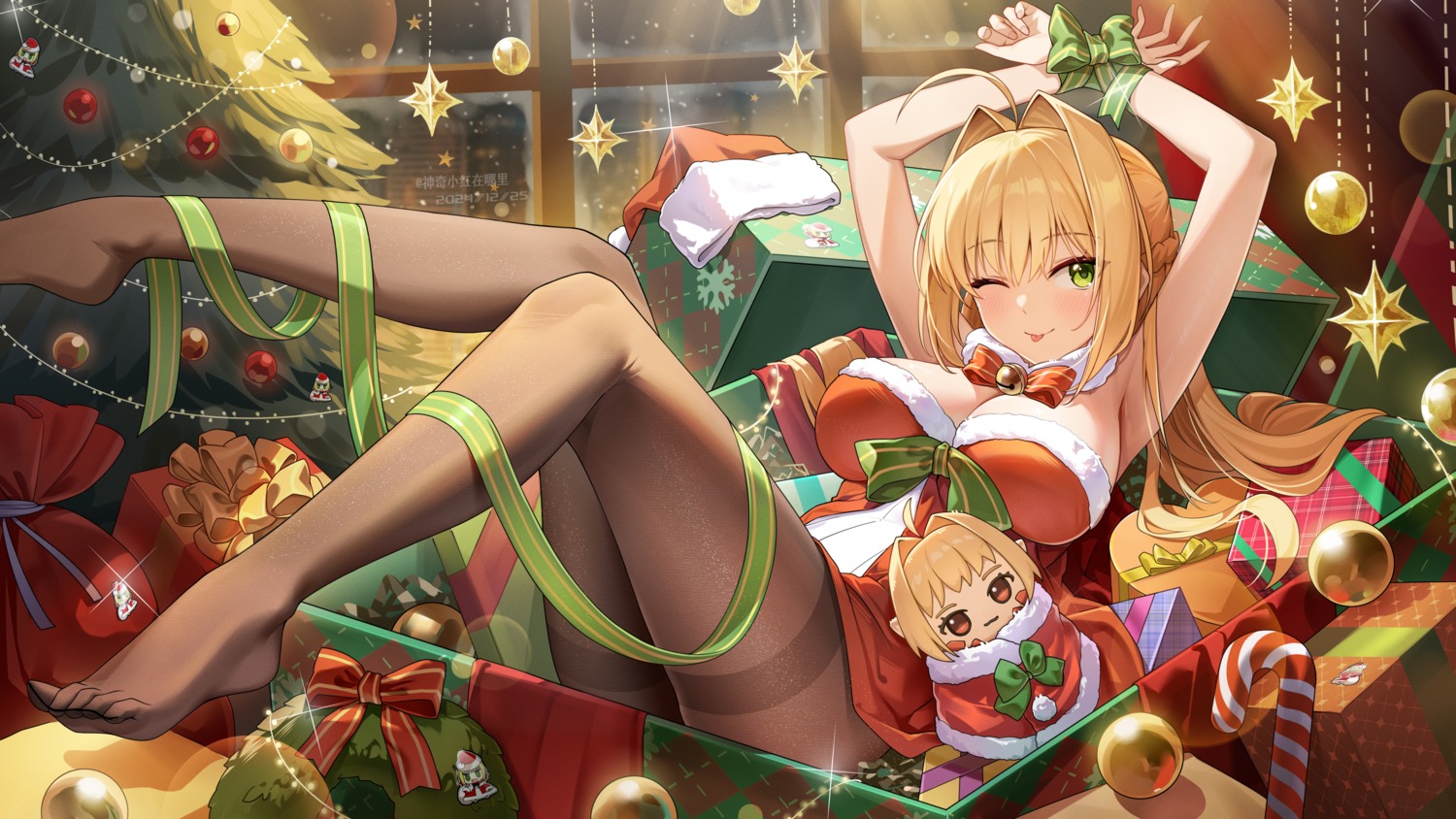 bondage chibi christmas dress fate/grand_order no_bra pantyhose saber_extra shenqi_xiao_hong_zai_nali skirt_lift