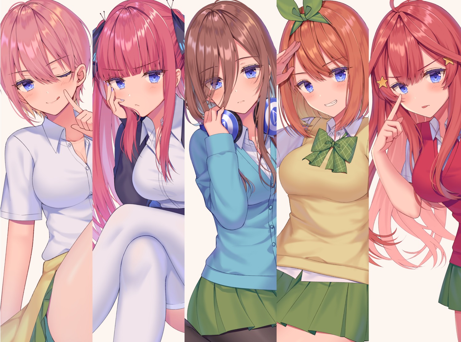 5-toubun_no_hanayome headphones izumo_neru nakano_ichika nakano_itsuki nakano_miku nakano_nino nakano_yotsuba pantyhose seifuku sweater thighhighs