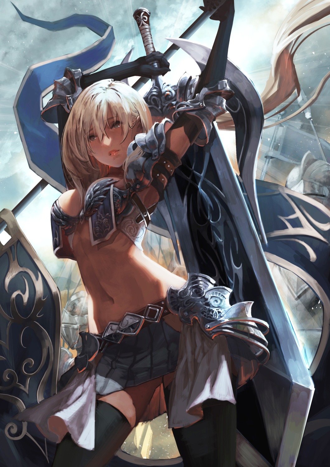 armor cleavage okuma_mai sword thighhighs