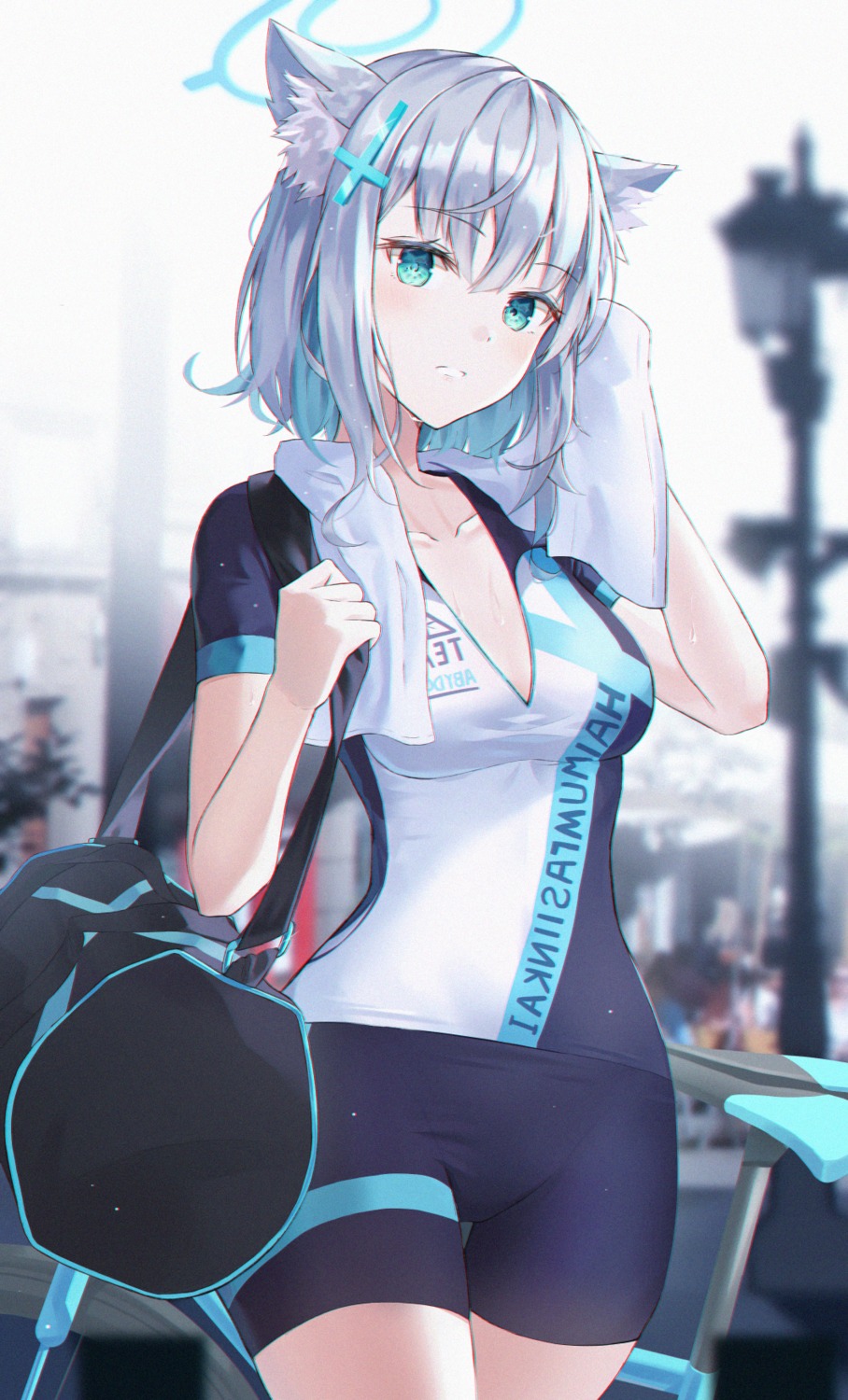 animal_ears bike_shorts blue_archive halo hyonee nekomimi open_shirt sunaookami_shiroko wet