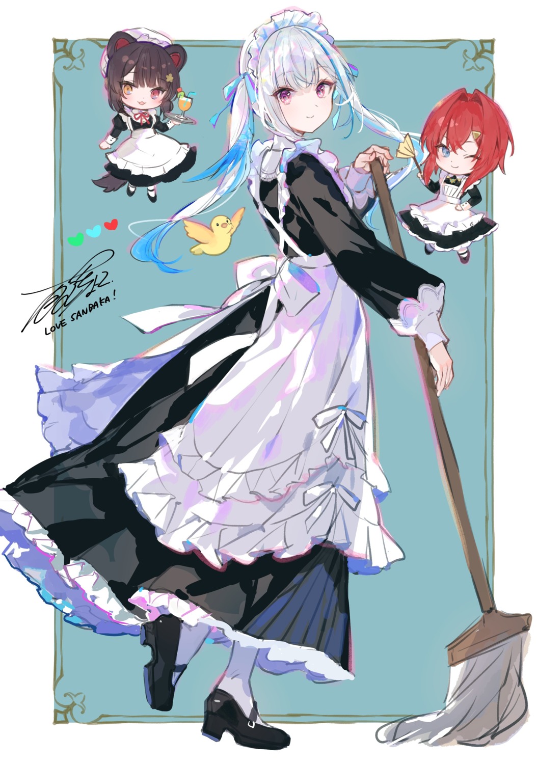 ange_katrina animal_ears chibi fuzichoko heels heterochromia inui_toko inumimi lize_helesta maid nijisanji sketch tail