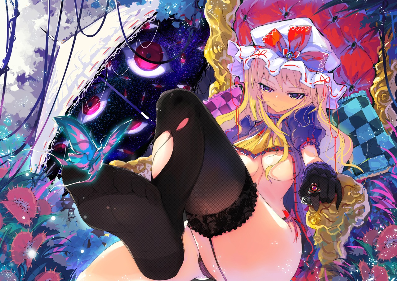 feet no_bra open_shirt pantsu stockings thighhighs torn_clothes touhou underboob yakumo_yukari yui_(niikyouzou)