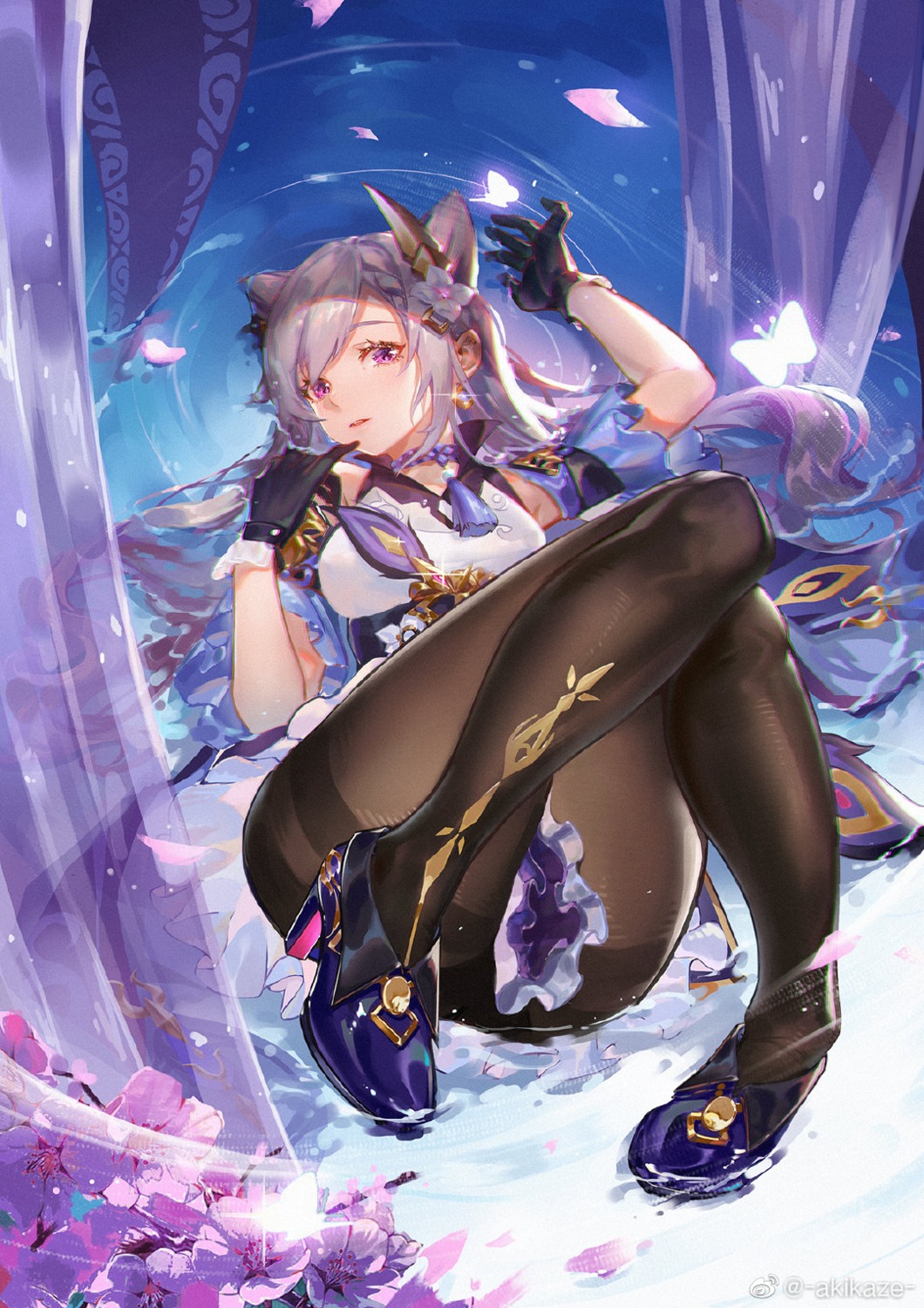 akikaze asian_clothes genshin_impact heels keqing pantsu pantyhose skirt_lift wet