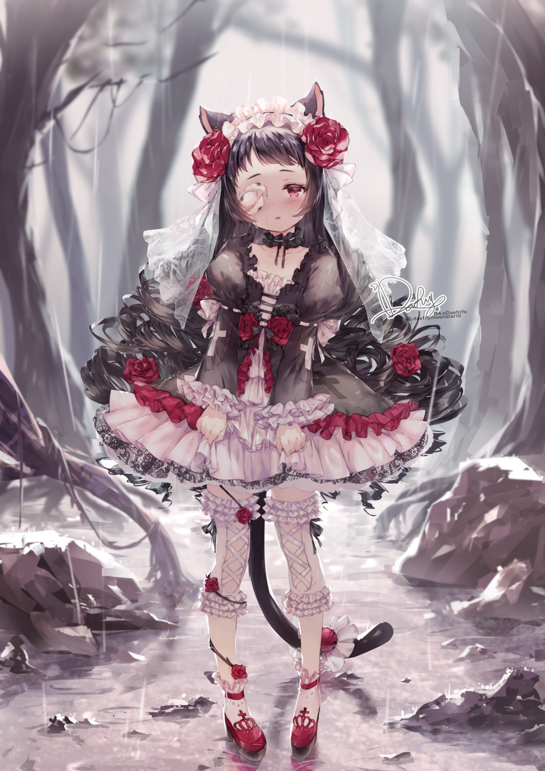 animal_ears dress eyepatch gothic_lolita heels lolita_fashion nekomimi odaefnyo tail