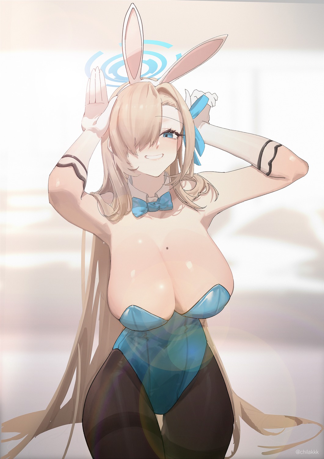 animal_ears blue_archive bunny_ears bunny_girl chilakkk halo ichinose_asuna no_bra pantyhose