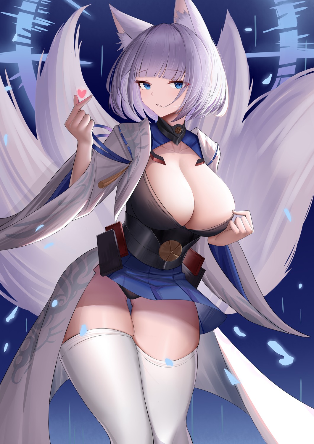 animal_ears azur_lane japanese_clothes kaga_(azur_lane) kitsune no_bra open_shirt pantsu skirt_lift tail thighhighs xianggu_wu_yan