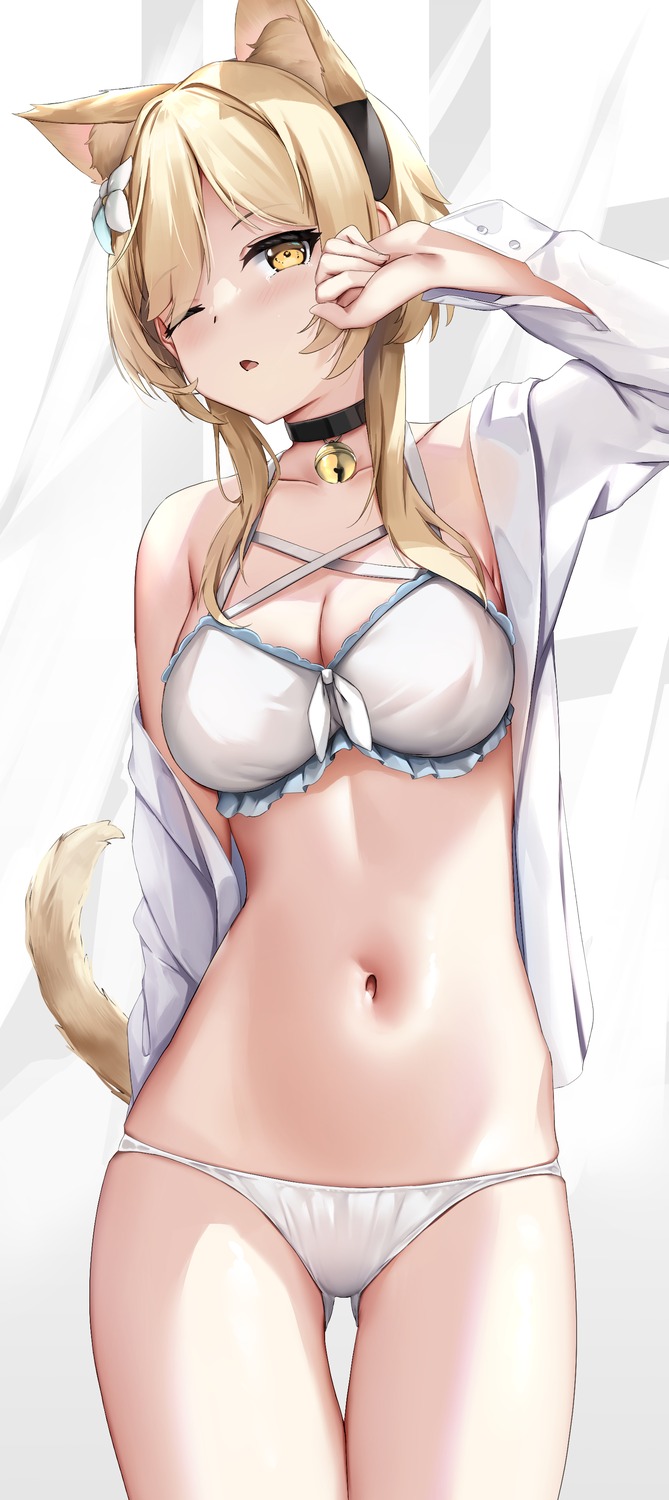 animal_ears bra cleavage dress_shirt genshin_impact lumine nekomimi open_shirt pantsu see_through skai_kun tail