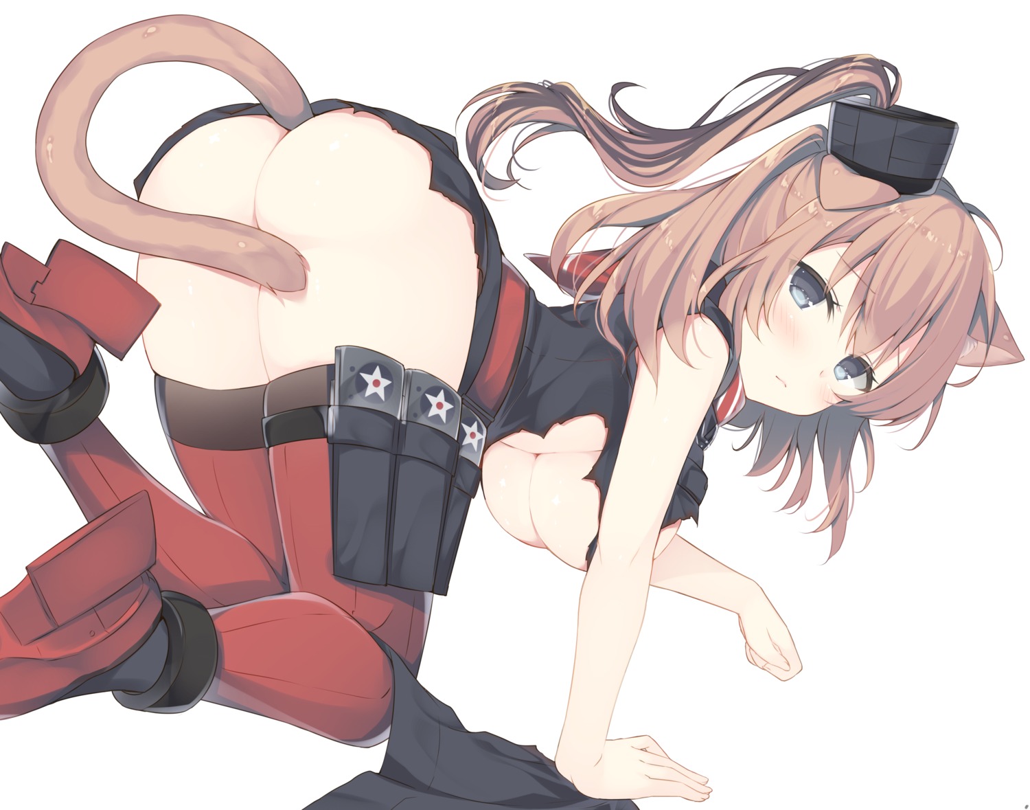 animal_ears ass breasts heels kantai_collection miko_92 nekomimi no_bra nopan saratoga_(kancolle) tail thighhighs torn_clothes