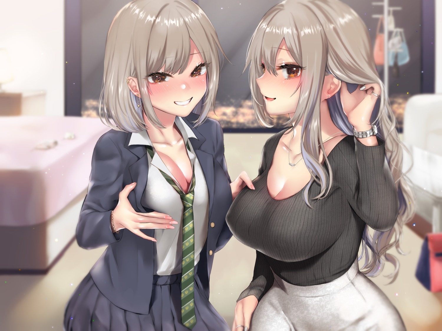 breast_grab cleavage erect_nipples sakiryo_kanna seifuku yuri