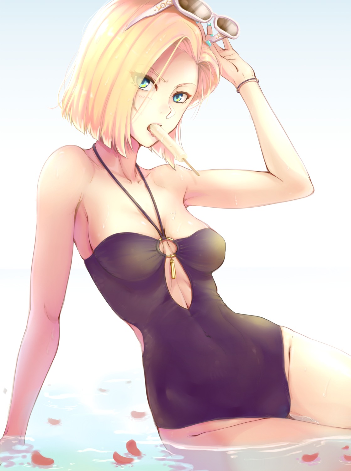 android_18 cleavage dragon_ball dragon_ball_z megane purple_mii swimsuits wet