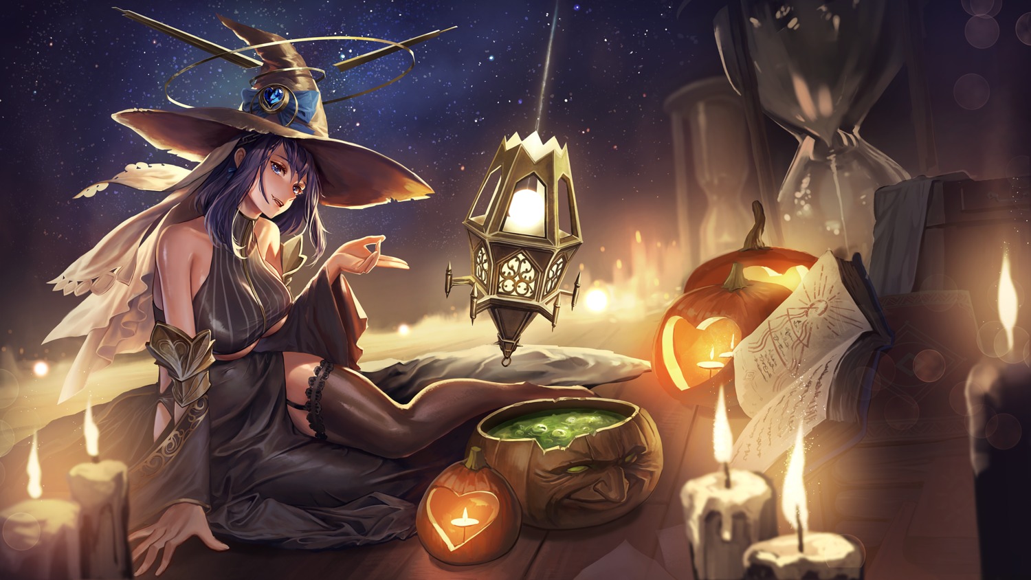 halloween hololive hololive_english ouro_kronii santafe99 stockings thighhighs wallpaper witch