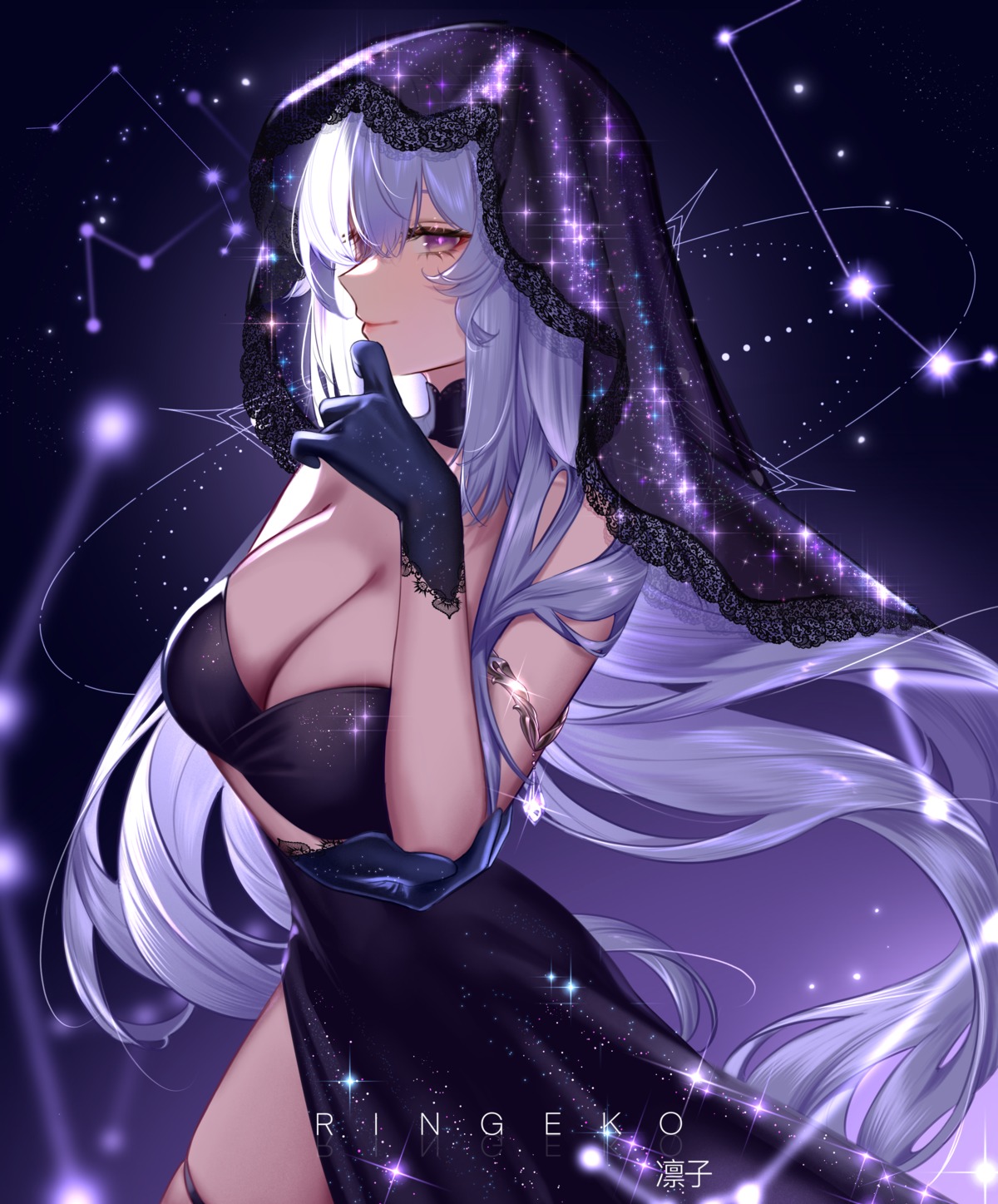 black_swan_(honkai:_star_rail) breast_hold cleavage dress garter honkai:_star_rail no_bra ringeko-chan