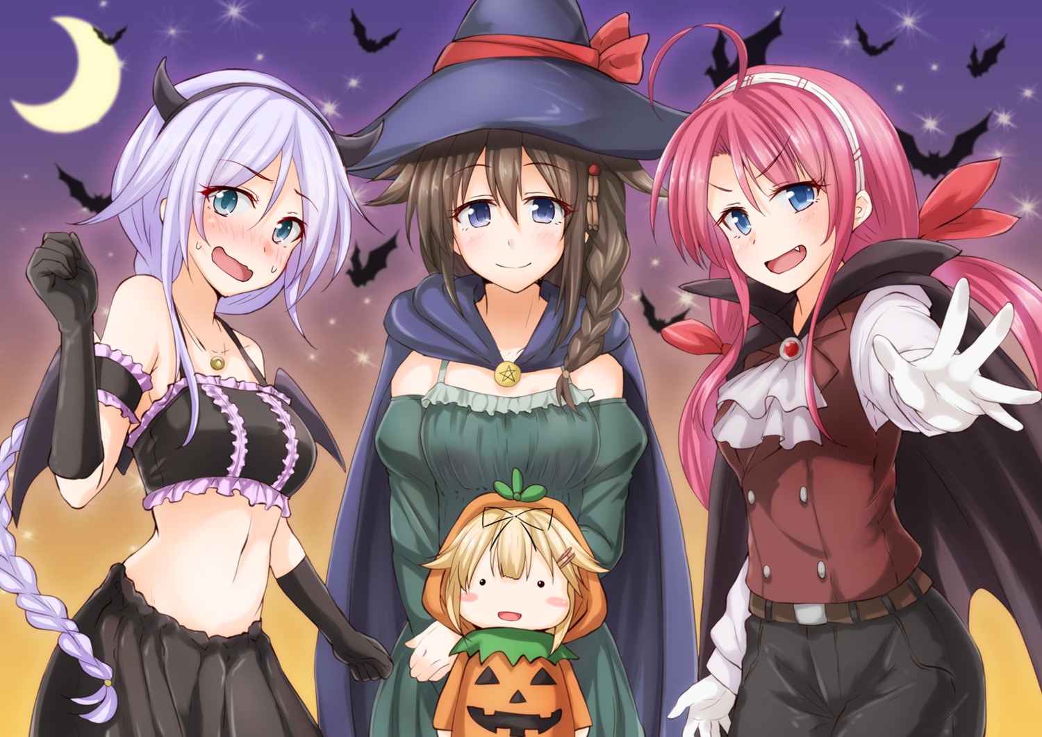 anti_(untea9) chibi halloween horns kantai_collection kawakaze_(kancolle) shigure_(kancolle) umikaze_(kancolle) wings witch yuudachi_(kancolle)