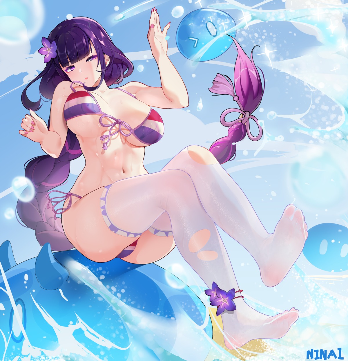 artist_revision bikini feet genshin_impact ninai raiden_shogun swimsuits thighhighs thong torn_clothes wet