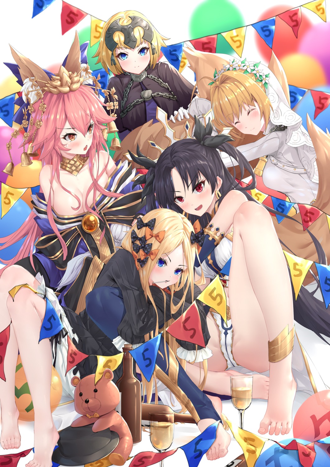 abigail_williams_(fate) animal_ears bikini_armor bly@sleep fate/extra fate/extra_ccc fate/grand_order fate/stay_night feet ishtar_(fate/grand_order) japanese_clothes jeanne_d'arc jeanne_d'arc_(fate) kitsune no_bra open_shirt saber_bride saber_extra tail tamamo_no_mae