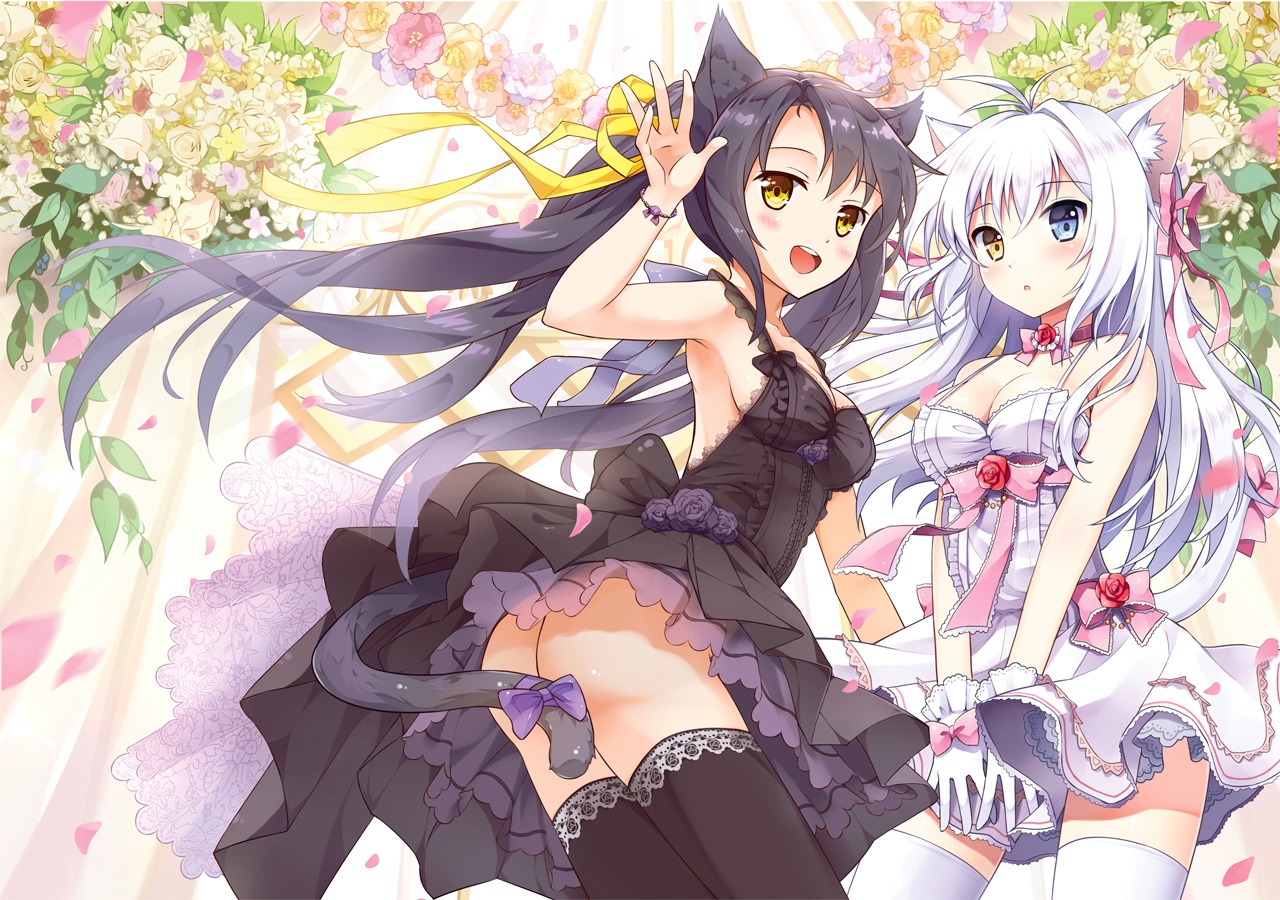 aina_rive animal_ears ass dress heterochromia kutata mauve nekomimi no_bra nopan ruci_tanya skirt_lift tail thighhighs