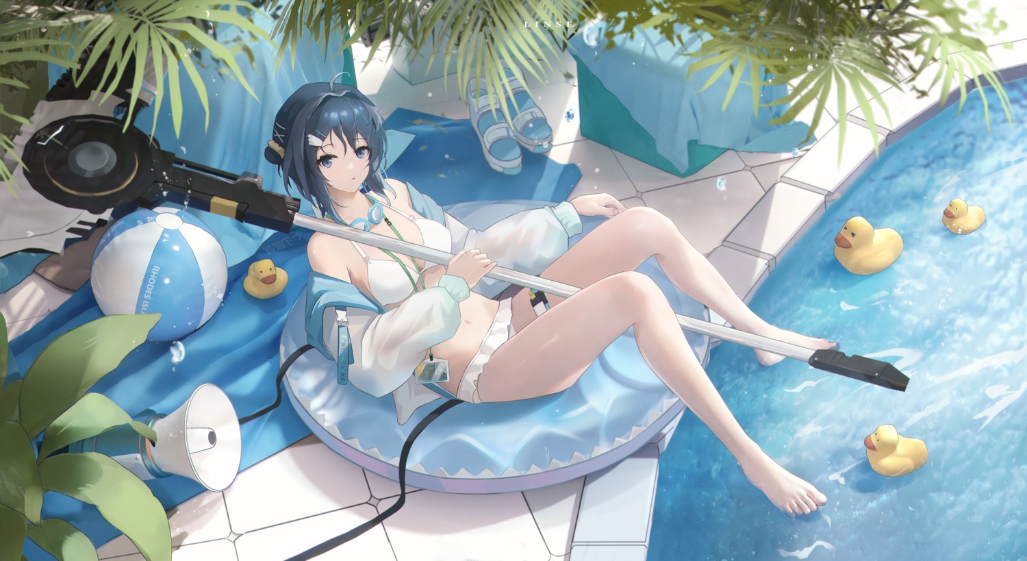 arknights bikini la_pluma_(arknights) lingse open_shirt see_through swimsuits weapon wet wet_clothes