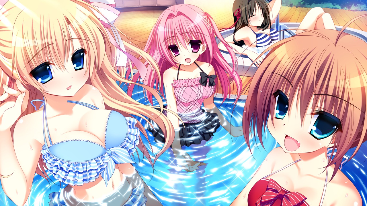 bikini cleavage front_wing game_cg hoshizuki_sora kanadome_miyako kuchifusa_yogiri mekami_suzu nanaca_mai pure_girl swimsuits