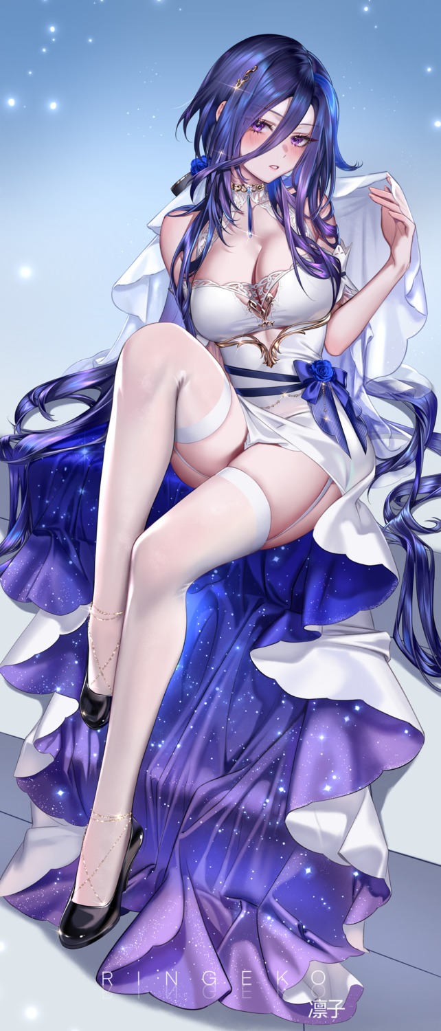 clorinde dress genshin_impact heels no_bra ringeko-chan stockings thighhighs