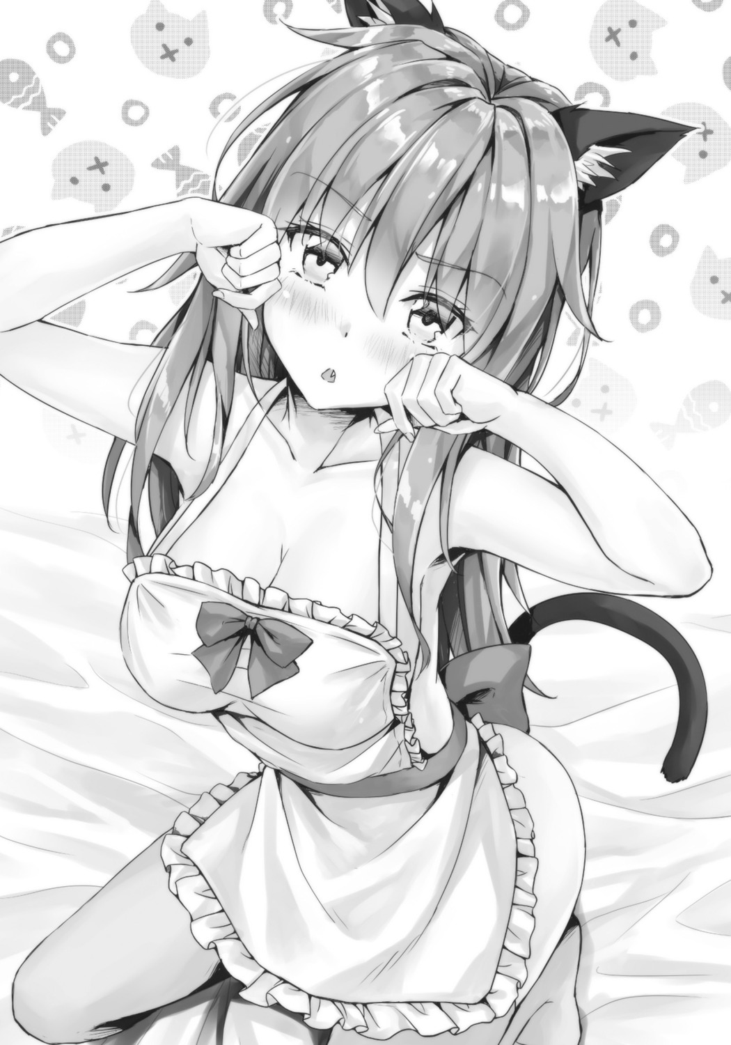 animal_ears kotatsu_(kotatsu358) monochrome naked_apron nekomimi tail