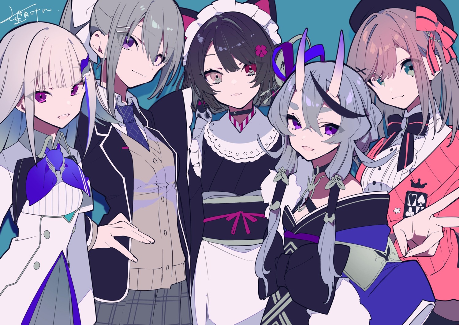 animal_ears heterochromia higuchi_kaede horns inui_toko inumimi japanese_clothes lize_helesta maid mochizuki_kei nijisanji nijisanji_seeds rindou_mikoto seifuku suzuhara_ruru sweater wa_maid