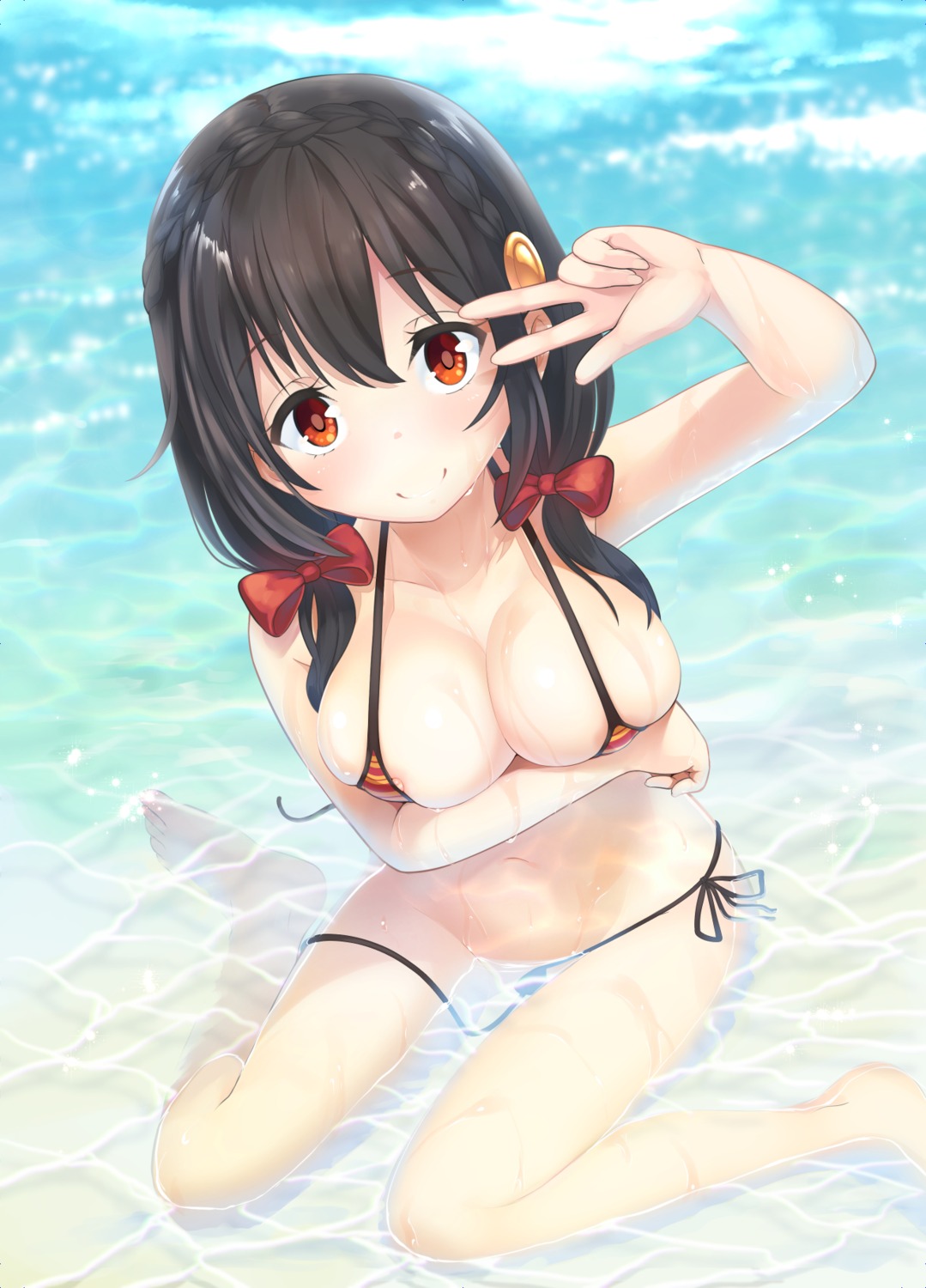 bikini breast_hold kono_subarashii_sekai_ni_shukufuku_wo! nipple_slip panty_pull swimsuits twilightrain wardrobe_malfunction wet yunyun_(konosuba)