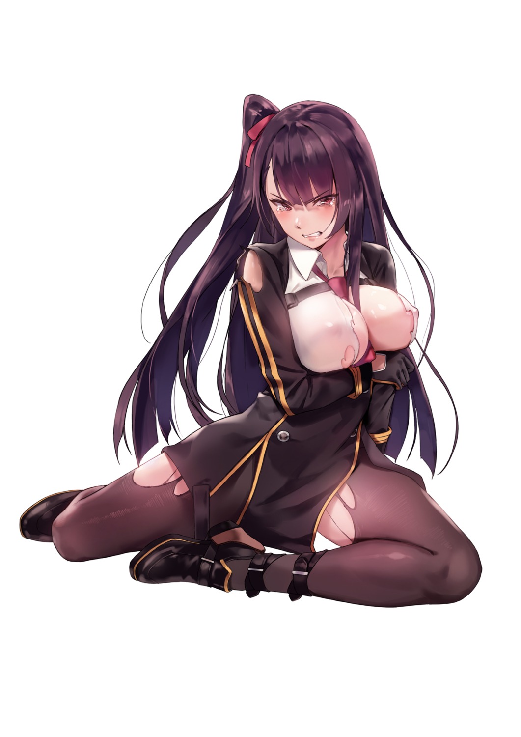 breast_hold cleavage erect_nipples girls_frontline honey_yun no_bra pantyhose torn_clothes wa2000_(girls_frontline)