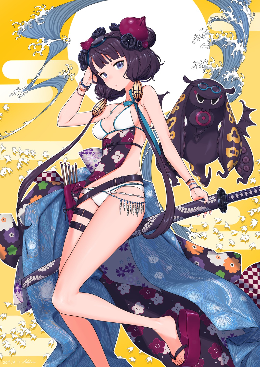 bikini fate/grand_order fujimori_ao garter heels katsushika_hokusai_(fate) swimsuits sword