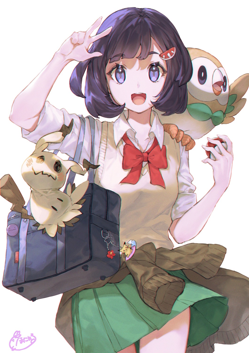 honyaru_(nanairo39) mimikyu_(pokemon) mizuki_(pokemon) pokemon_sm rowlet seifuku skirt_lift sweater
