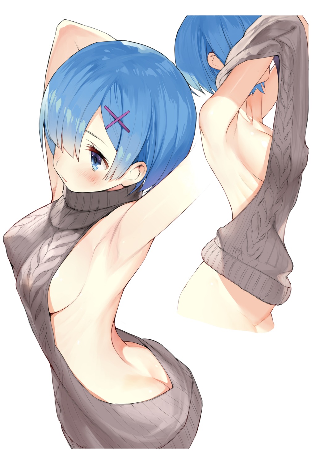 ass bottomless dress gaou_(matsulatte) macaron_taitei no_bra re_zero_kara_hajimeru_isekai_seikatsu rem_(re_zero) shirt_lift sweater undressing