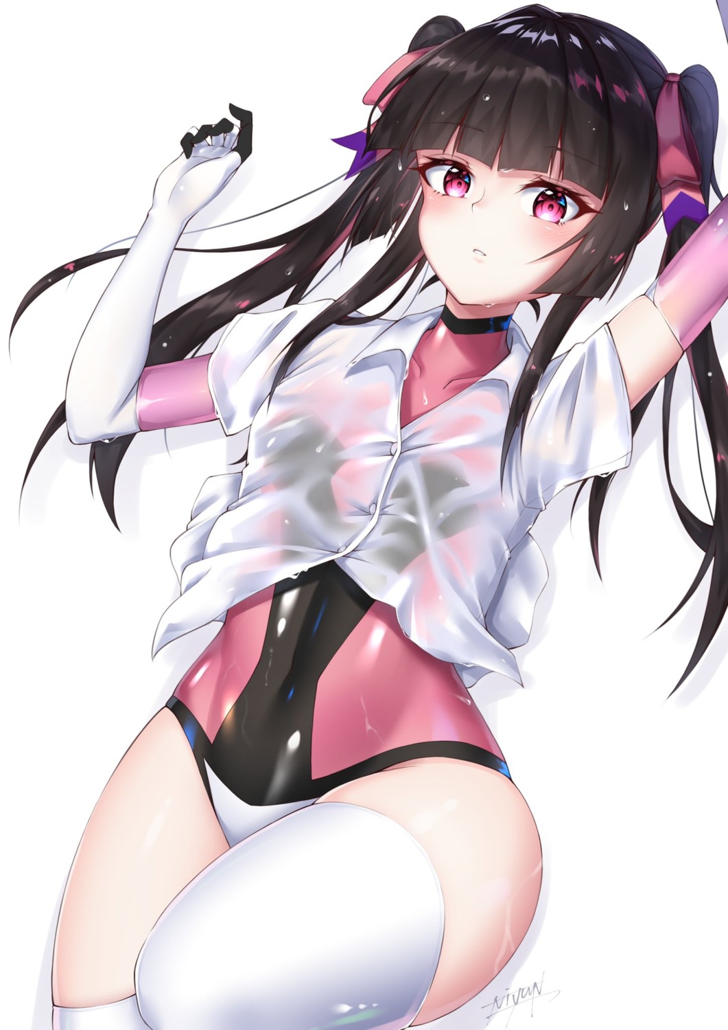 leotard niyun_(n_niyu) see_through senki_zesshou_symphogear thighhighs tsukuyomi_shirabe wet wet_clothes