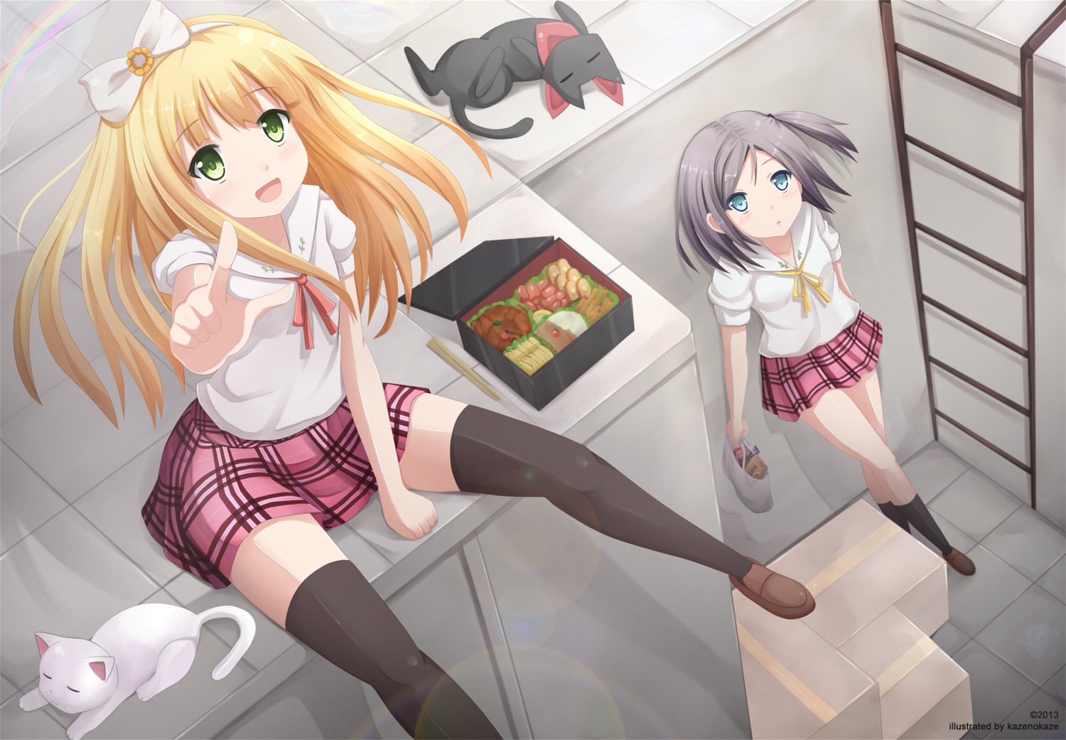 azuki_azusa hentai_ouji_to_warawanai_neko kazenokaze neko nichijou sakamoto seifuku thighhighs tsutsukakushi_tsukiko