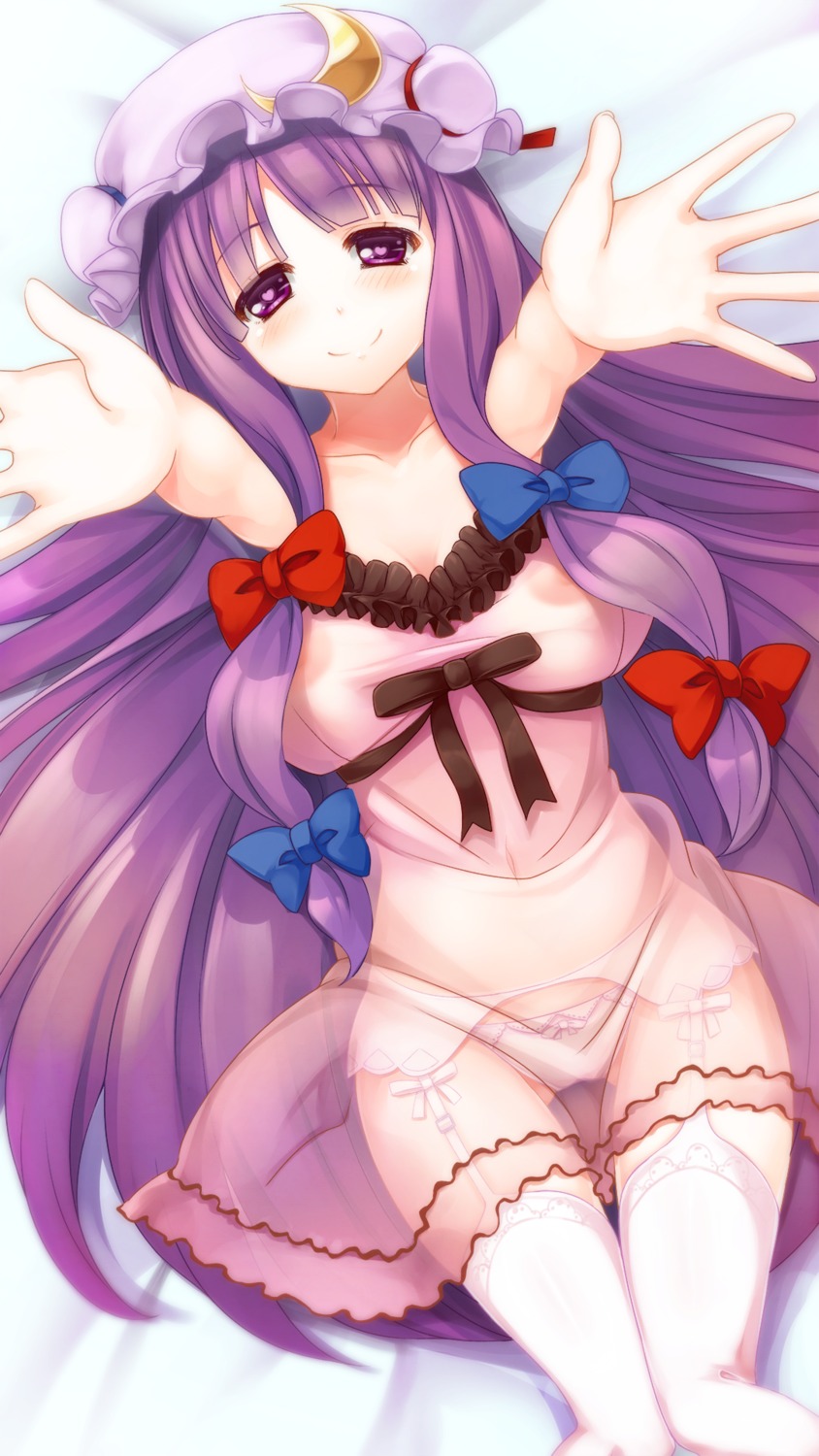 garter_belt nipples no_bra pantsu patchouli_knowledge pinkarage see_through stockings thighhighs touhou