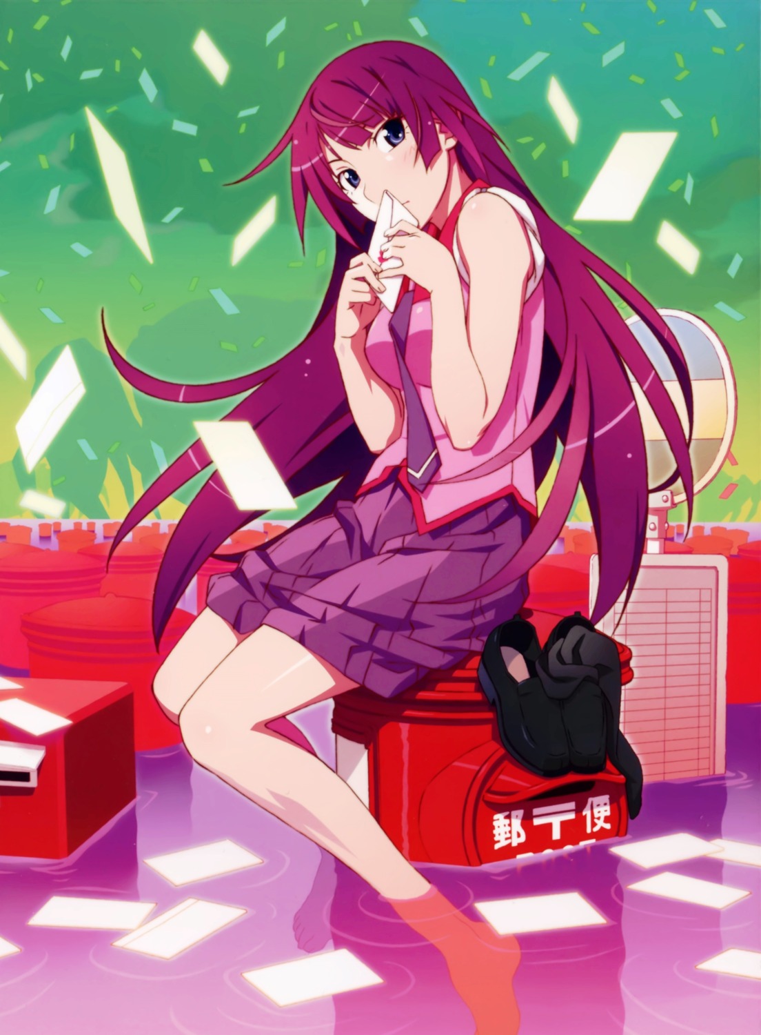 bakemonogatari disc_cover monogatari_(series) nisemonogatari seifuku senjougahara_hitagi watanabe_akio wet