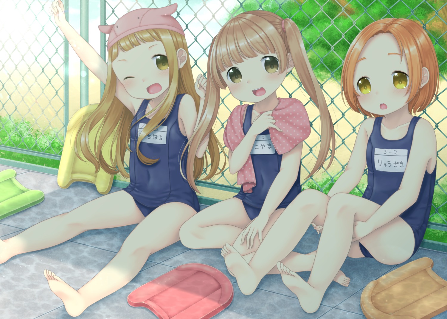 feet ichihara_nina loli ryuuzaki_kaoru school_swimsuit swimsuits the_idolm@ster the_idolm@ster_cinderella_girls the_idolm@ster_cinderella_girls_u149 xenon_(simlacurm) yokoyama_chika